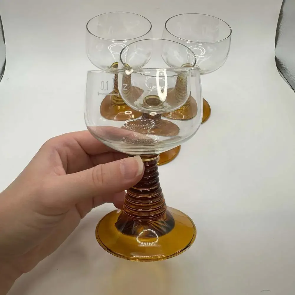 Set of 4 Vintage MCM Luminarc Roemer Amber Beehive Stem Wine Goblets 1970s